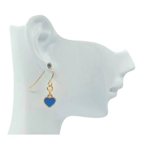 Dainty Dark Blue Heart Earrings | Small Gold Drop Jewelry - Picture 2 of 3